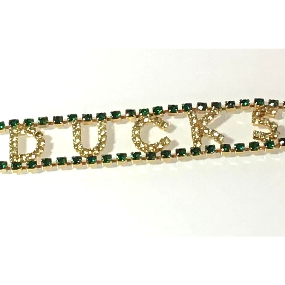 Dorothy Bauer Rhinestone Duck Bracelet Green Crystal Gold Plate Oregon Ducks Vtg